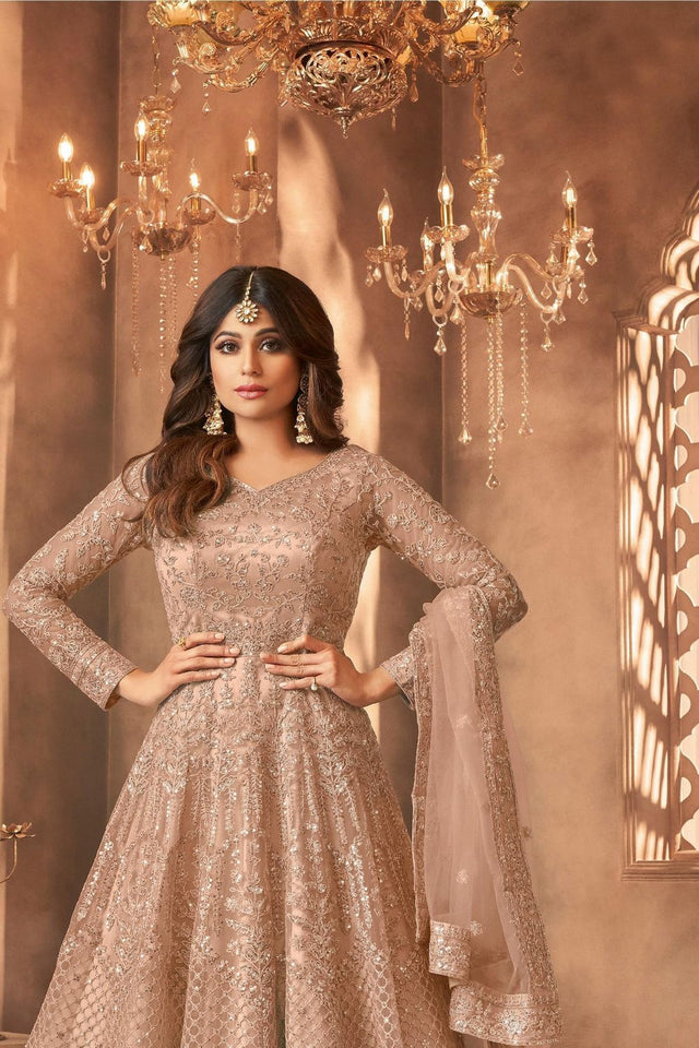 Beige Sequin with Floral Embroiderd Net Anarkali Suit (ACA7550)