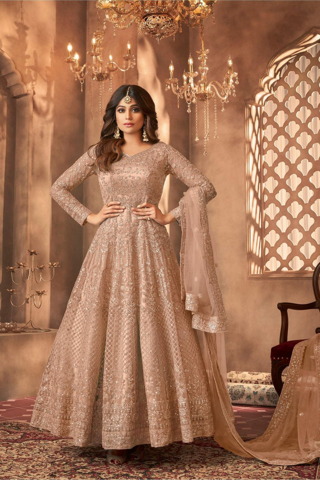 Beige Sequin with Floral Embroiderd Net Anarkali Suit (ACA7550)