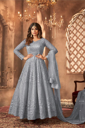 Grey Sequin with Floral Embroiderd Net Anarkali Suit (ACA7551)