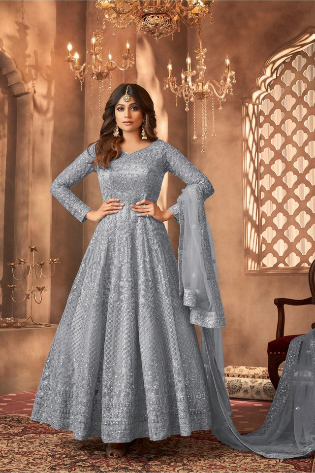 Grey Sequin with Floral Embroiderd Net Anarkali Suit (ACA7551)