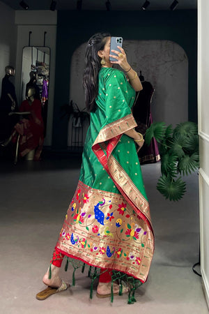 Green Paithani Woven  Soft Silk Kaftaan Kurti Top (ACA7552)