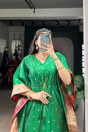 Green Paithani Woven  Soft Silk Kaftaan Kurti Top (ACA7552)