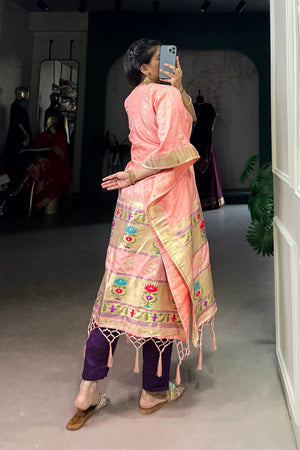 Peach Paithani Woven  Soft Silk Kaftaan Kurti Top (ACA7553)
