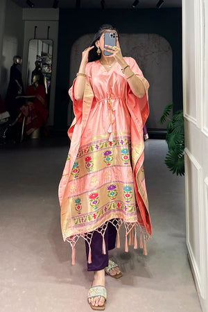 Peach Paithani Woven  Soft Silk Kaftaan Kurti Top (ACA7553)