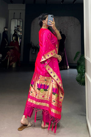 Pink Paithani Woven  Soft Silk Kaftaan Kurti Top (ACA7554)