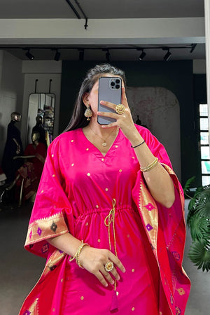 Pink Paithani Woven  Soft Silk Kaftaan Kurti Top (ACA7554)