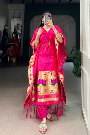Pink Paithani Woven  Soft Silk Kaftaan Kurti Top (ACA7554)