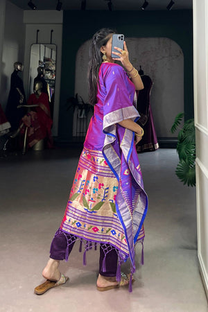 Violet Paithani Woven  Soft Silk Kaftaan Kurti Top (ACA7555)