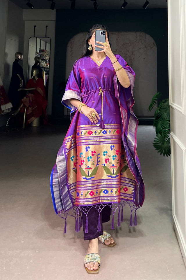 Violet Paithani Woven  Soft Silk Kaftaan Kurti Top (ACA7555)