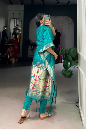Turquoise Paithani Woven  Soft Silk Kaftaan Kurti Top (ACA7556)