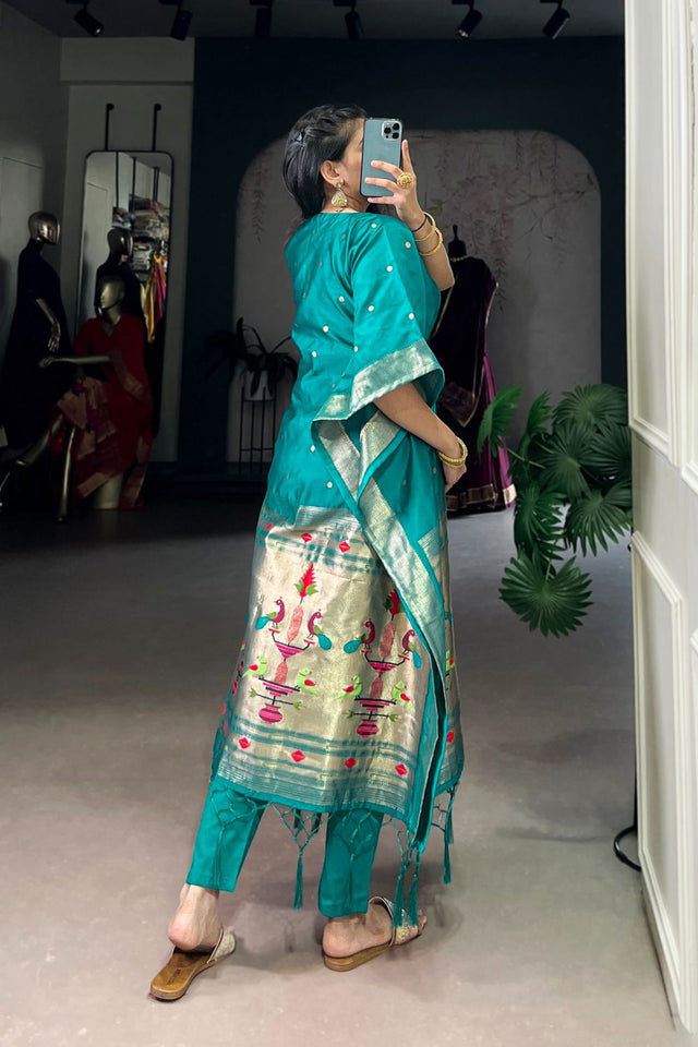 Turquoise Paithani Woven  Soft Silk Kaftaan Kurti Top (ACA7556)