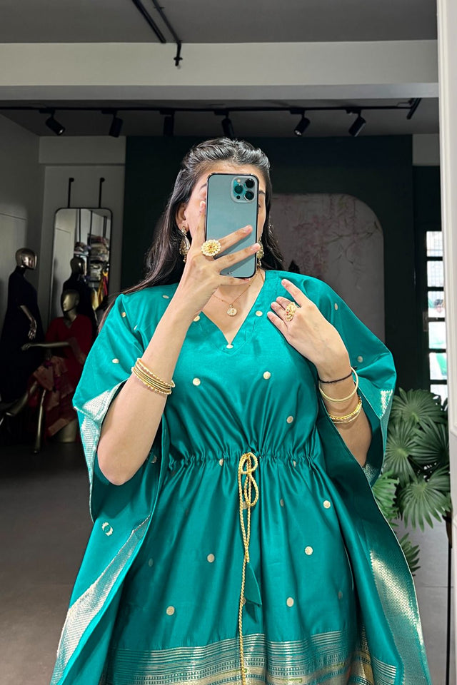 Turquoise Paithani Woven  Soft Silk Kaftaan Kurti Top (ACA7556)
