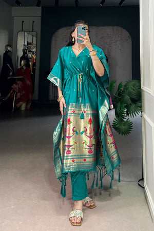 Turquoise Paithani Woven  Soft Silk Kaftaan Kurti Top (ACA7556)