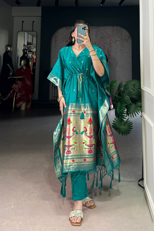 Turquoise Paithani Woven  Soft Silk Kaftaan Kurti Top (ACA7556)