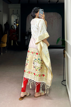 Off White Paithani Woven  Soft Silk Kaftaan Kurti Top (ACA7557)