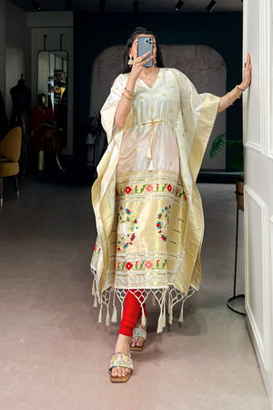 Off White Paithani Woven  Soft Silk Kaftaan Kurti Top (ACA7557)
