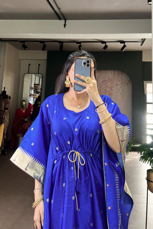 Blue Paithani Woven  Soft Silk Kaftaan Kurti Top (ACA7559)