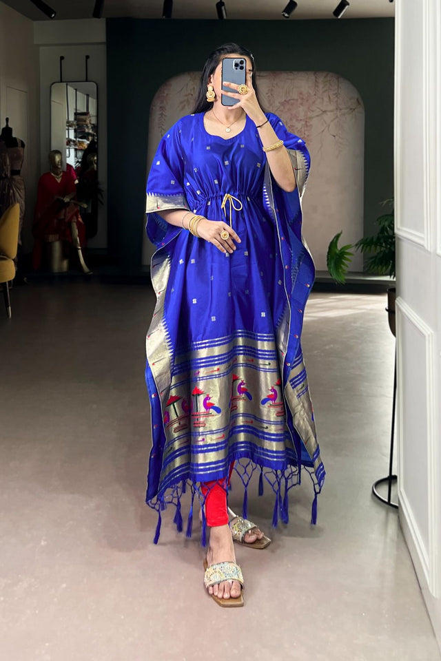 Blue Paithani Woven  Soft Silk Kaftaan Kurti Top (ACA7559)