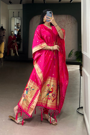Pink Paithani Woven  Soft Silk Kaftaan Kurti Top (ACA7560)