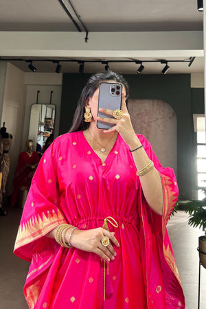 Pink Paithani Woven  Soft Silk Kaftaan Kurti Top (ACA7560)