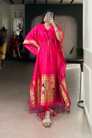 Pink Paithani Woven  Soft Silk Kaftaan Kurti Top (ACA7560)