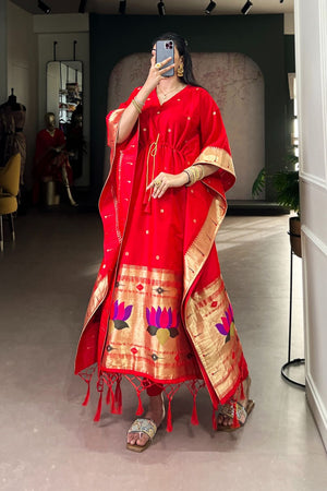 Red Paithani Woven  Soft Silk Kaftaan Kurti Top (ACA7561)