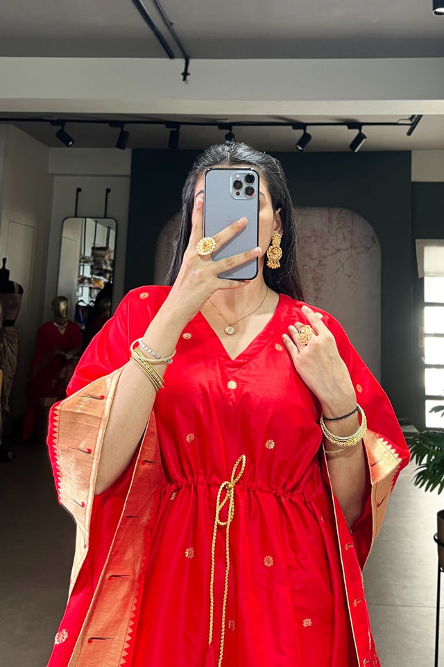 Red Paithani Woven  Soft Silk Kaftaan Kurti Top (ACA7561)