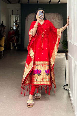 Red Paithani Woven  Soft Silk Kaftaan Kurti Top (ACA7561)