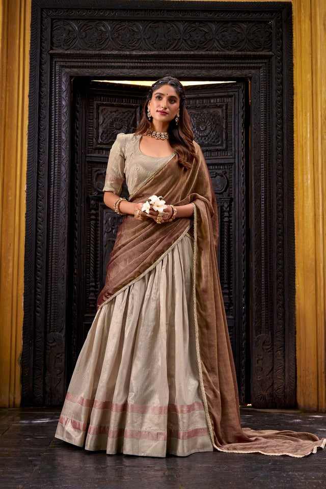 Cream Woven Silk Lehenga (ACA7566)