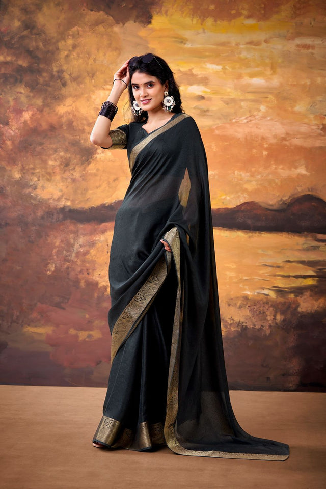 Black Zari Woven Silk Blend Saree (ACA7570)