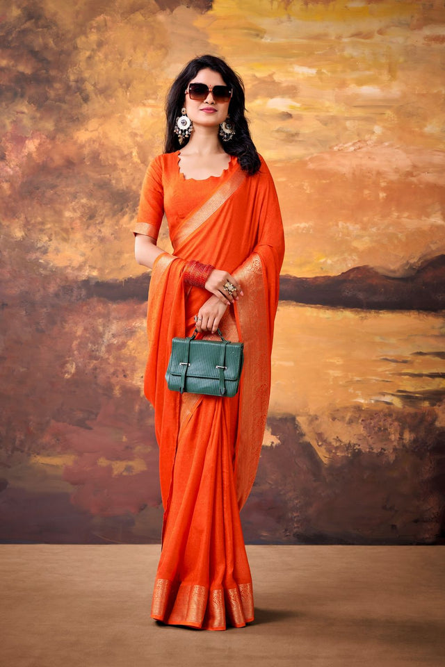 Orange Zari Woven Silk Blend Saree (ACA7572)