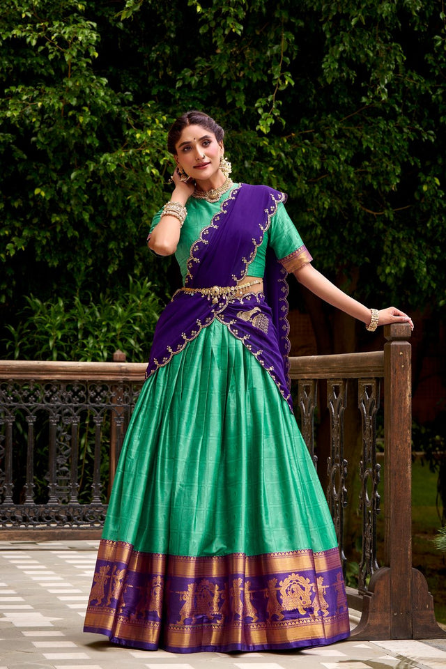 Sea Green Woven Cotton Lehenga (ACA7574)