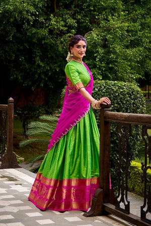 Dark Green Woven Cotton Lehenga (ACA7575)