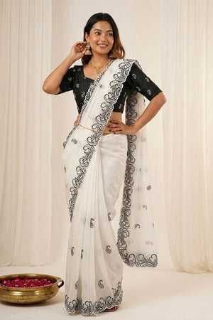 White Embroidered Silk Saree (ACA7578)