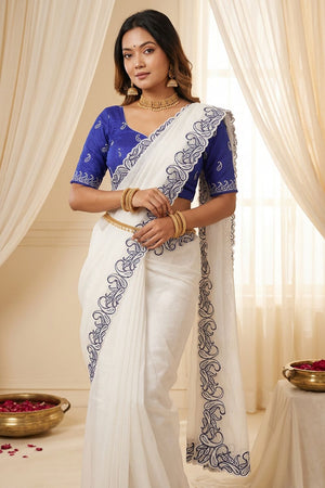 White Embroidered Silk Saree (ACA7579)