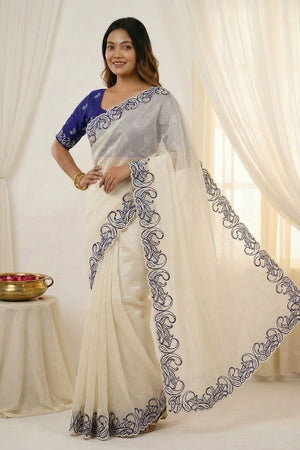 White Embroidered Silk Saree (ACA7579)