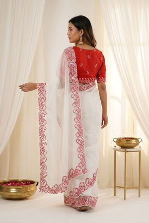 White Embroidered Silk Saree (ACA7580)