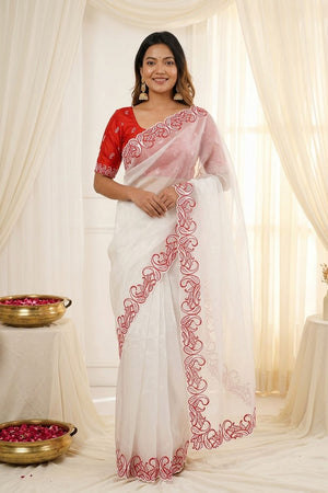 White Embroidered Silk Saree (ACA7580)
