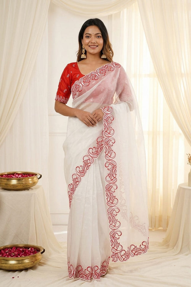 White Embroidered Silk Saree (ACA7580)