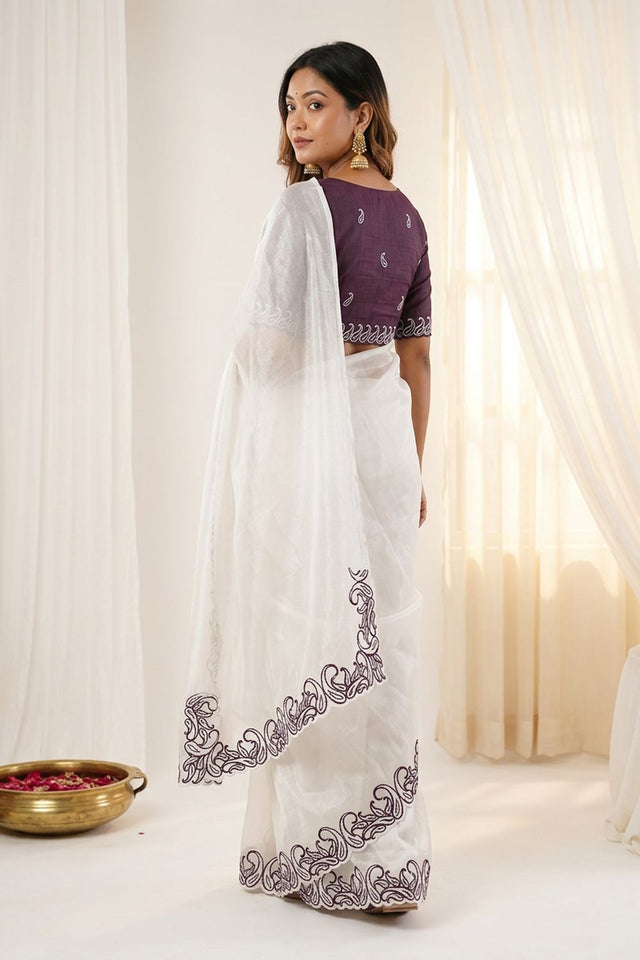 White Embroidered Silk Saree (ACA7581)