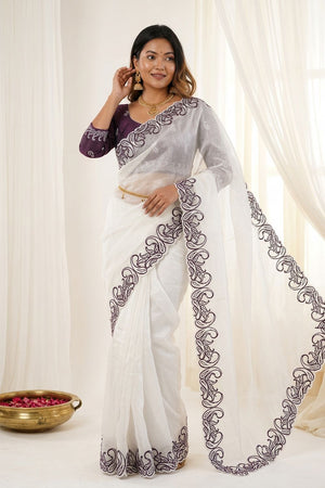 White Embroidered Silk Saree (ACA7581)