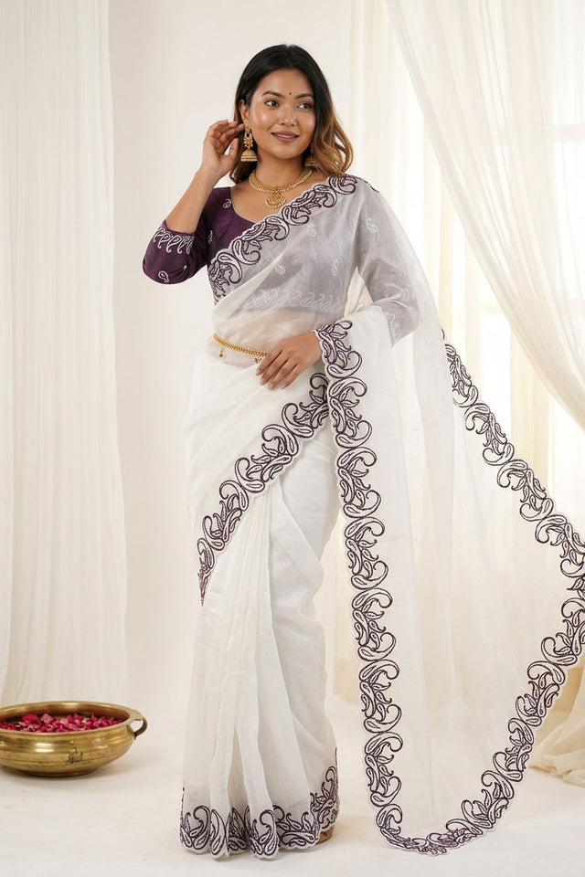 White Embroidered Silk Saree (ACA7581)