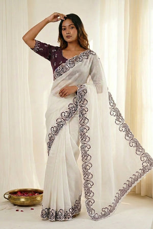 White Embroidered Silk Saree (ACA7581)