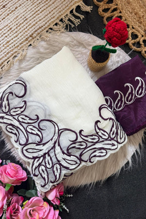 White Embroidered Silk Saree (ACA7581)