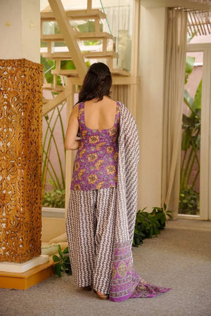 Violet Floral Printed Cotton Blend Kurti Palazzo Set (ACA7583)