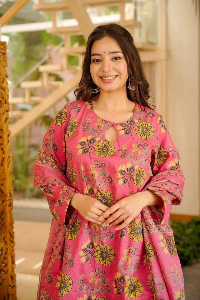 Pink Floral Printed Cotton Blend Kurti Palazzo Set (ACA7584)