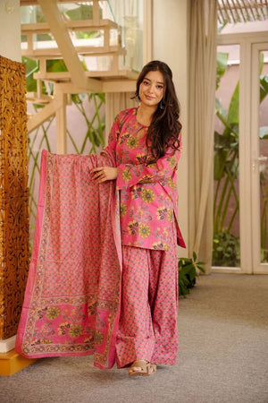 Pink Floral Printed Cotton Blend Kurti Palazzo Set (ACA7584)