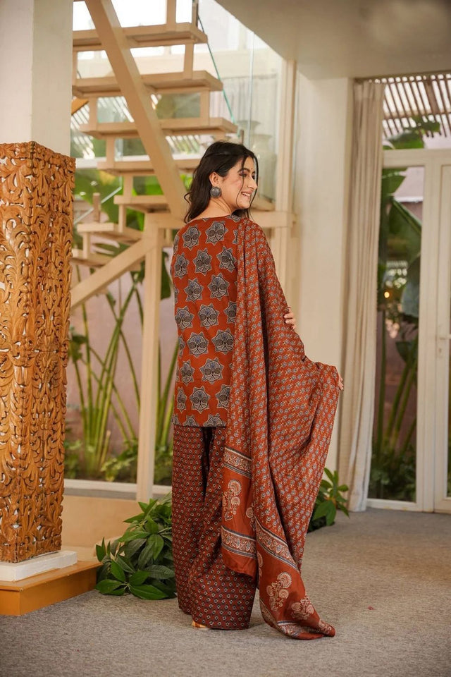 Rust Printed Cotton Blend Kurti Palazzo Set (ACA7585)