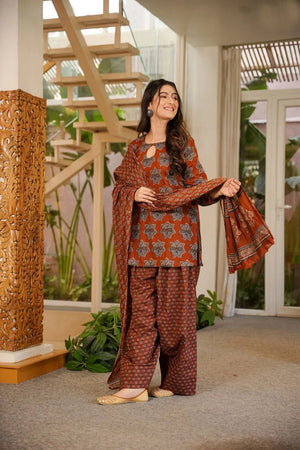 Rust Printed Cotton Blend Kurti Palazzo Set (ACA7585)