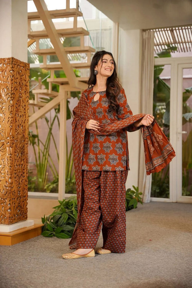 Rust Printed Cotton Blend Kurti Palazzo Set (ACA7585)